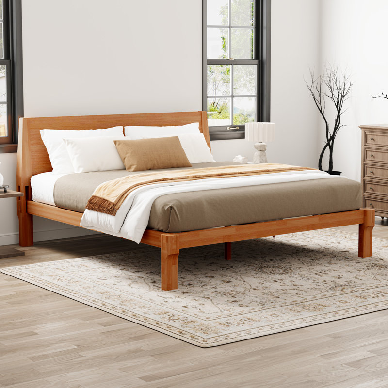 Solid Wood Japanese Joinery Bed With Headboard, Rustic & Mid-century Modern Design